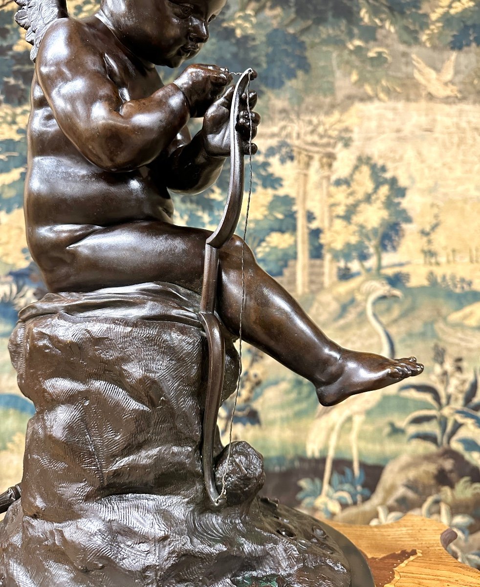 Charles Gabriel Lemir - Cupid Or Love Bending His Bow, Bronze Statue With Brown Patina-photo-8