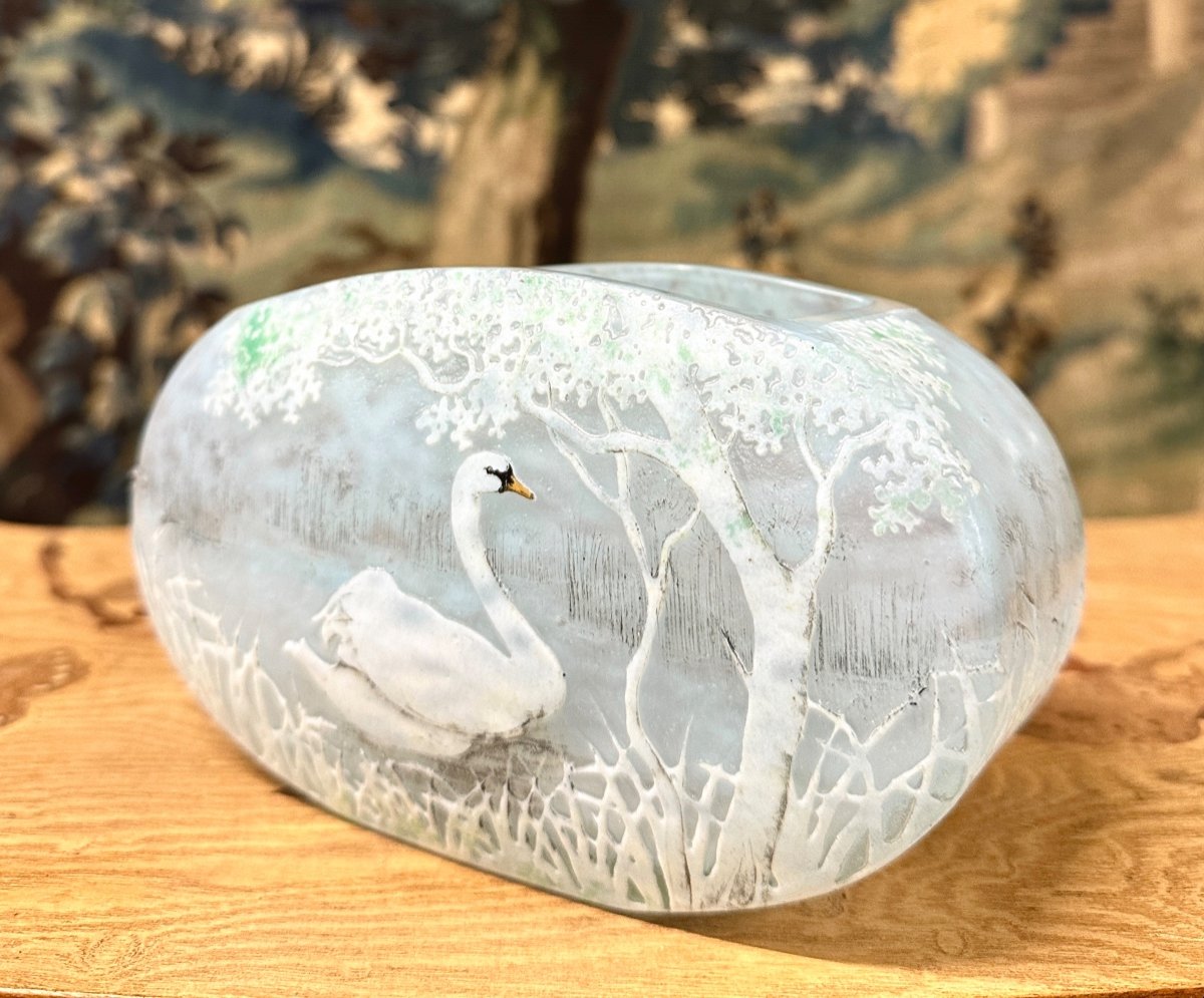 Daum Nancy - Rare Jardinière-shaped Vase With Swan Decor, Art Nouveau Glass Paste-photo-3