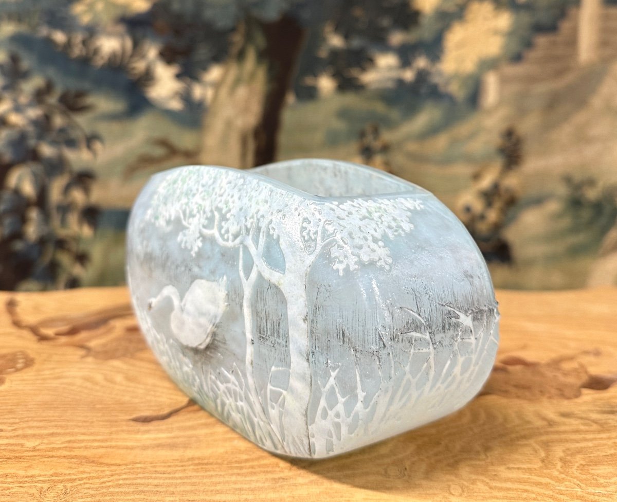Daum Nancy - Rare Jardinière-shaped Vase With Swan Decor, Art Nouveau Glass Paste-photo-7