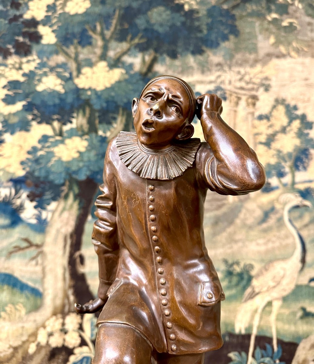 Paul Dubois - Bronze Sculptor Of A Clown Or Jester, Brown Patina, Napoleon III Period-photo-2