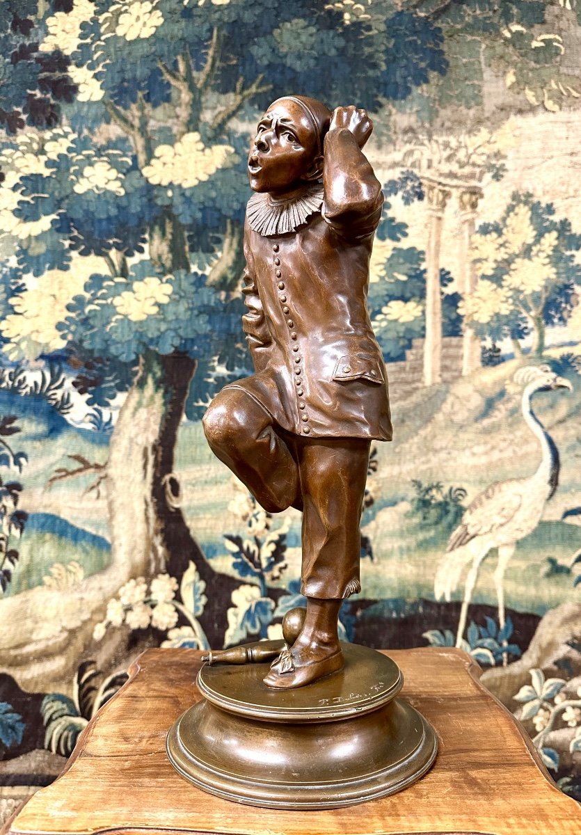 Paul Dubois - Bronze Sculptor Of A Clown Or Jester, Brown Patina, Napoleon III Period-photo-3