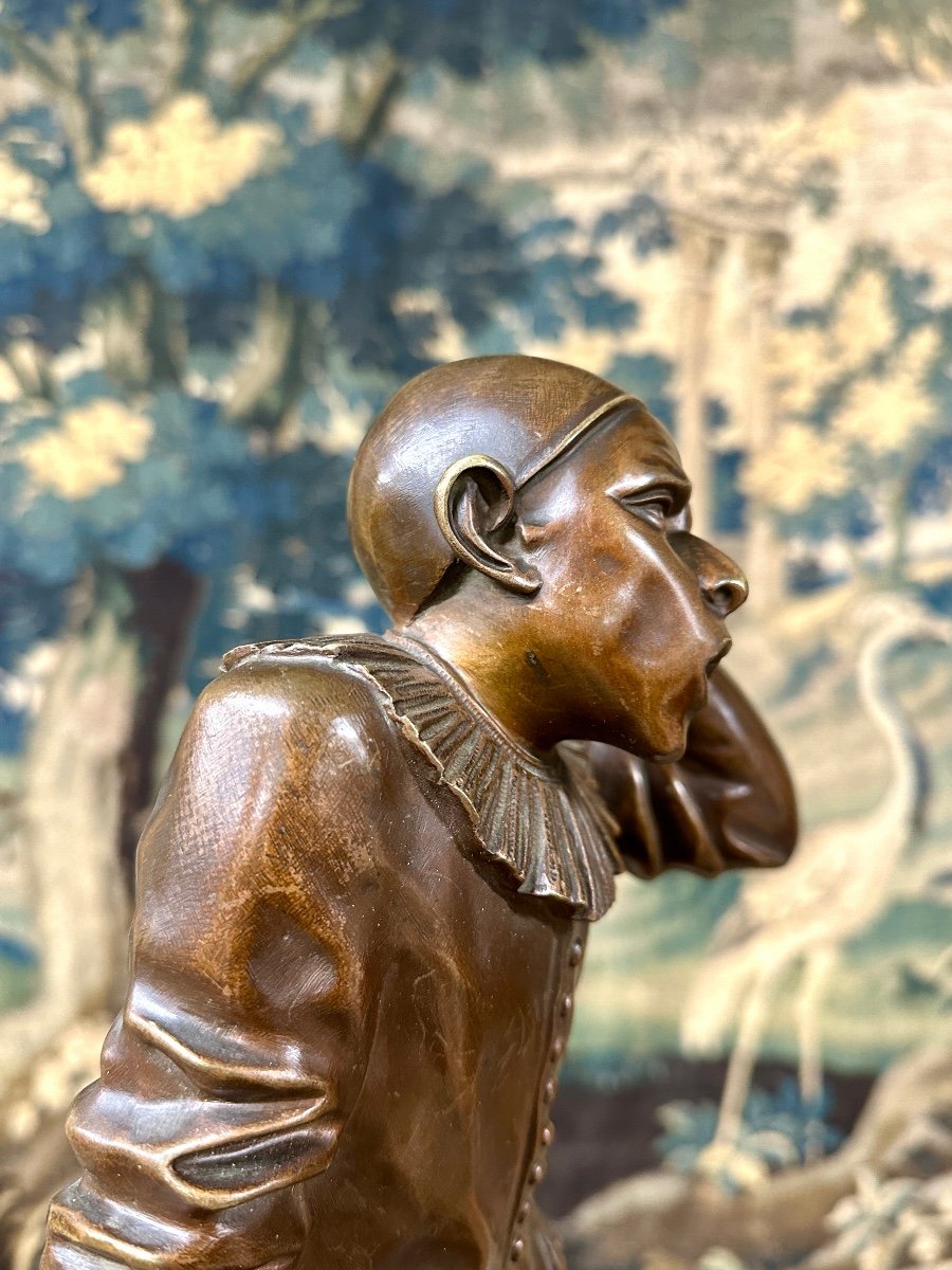 Paul Dubois - Bronze Sculptor Of A Clown Or Jester, Brown Patina, Napoleon III Period-photo-6