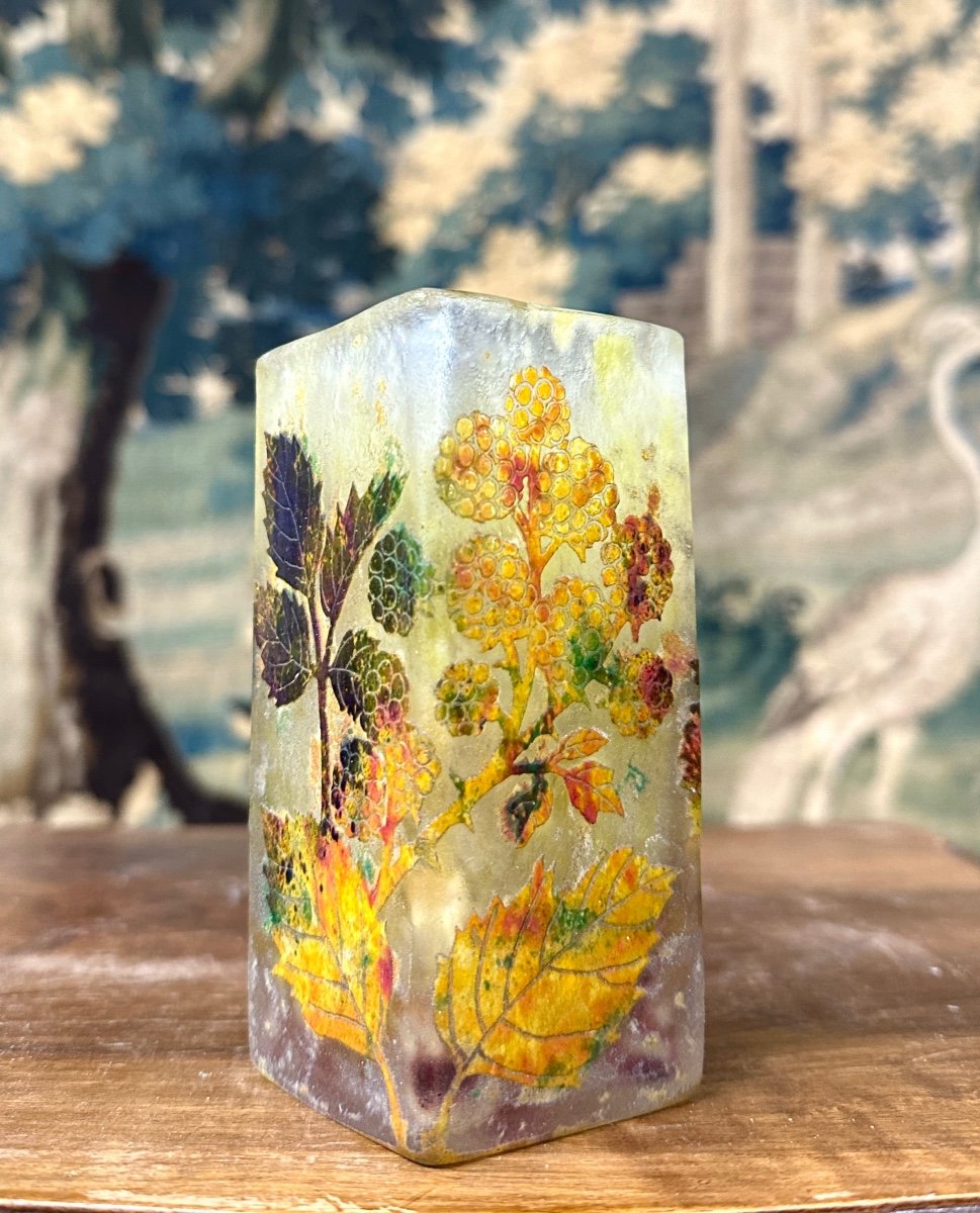 Daum Nancy - Square Section Vase With Blackberry Decor, Art Nouveau Glass Pate-photo-2
