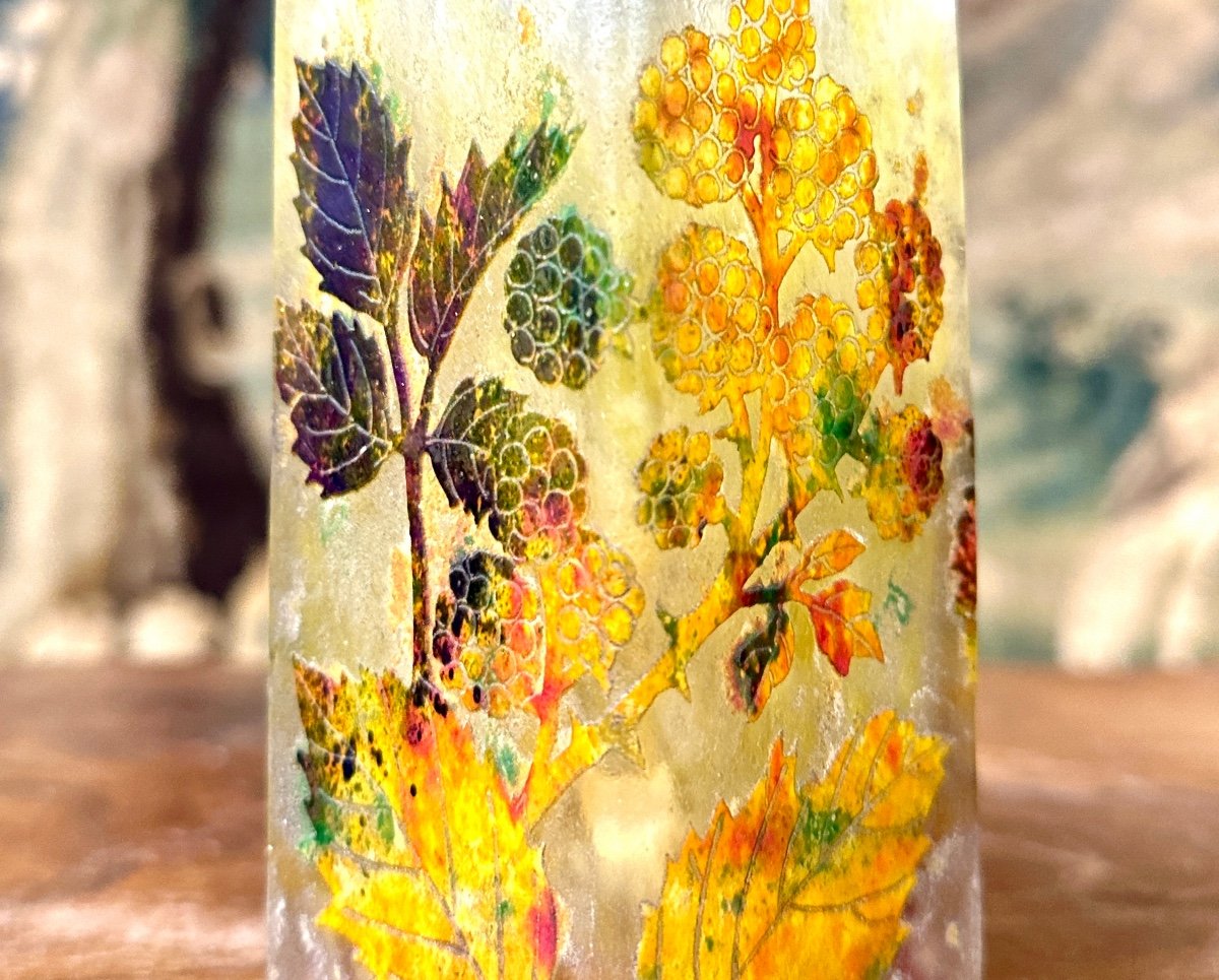 Daum Nancy - Square Section Vase With Blackberry Decor, Art Nouveau Glass Pate-photo-5