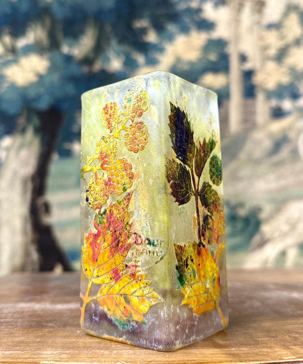 Daum Nancy - Square Section Vase With Blackberry Decor, Art Nouveau Glass Pate