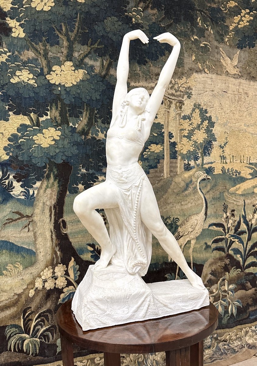Alfredo Morelli - Danseuse égyptienne, Sculpture De 92 Cm En Marbre Blanc De Carrare, Art Déco-photo-4