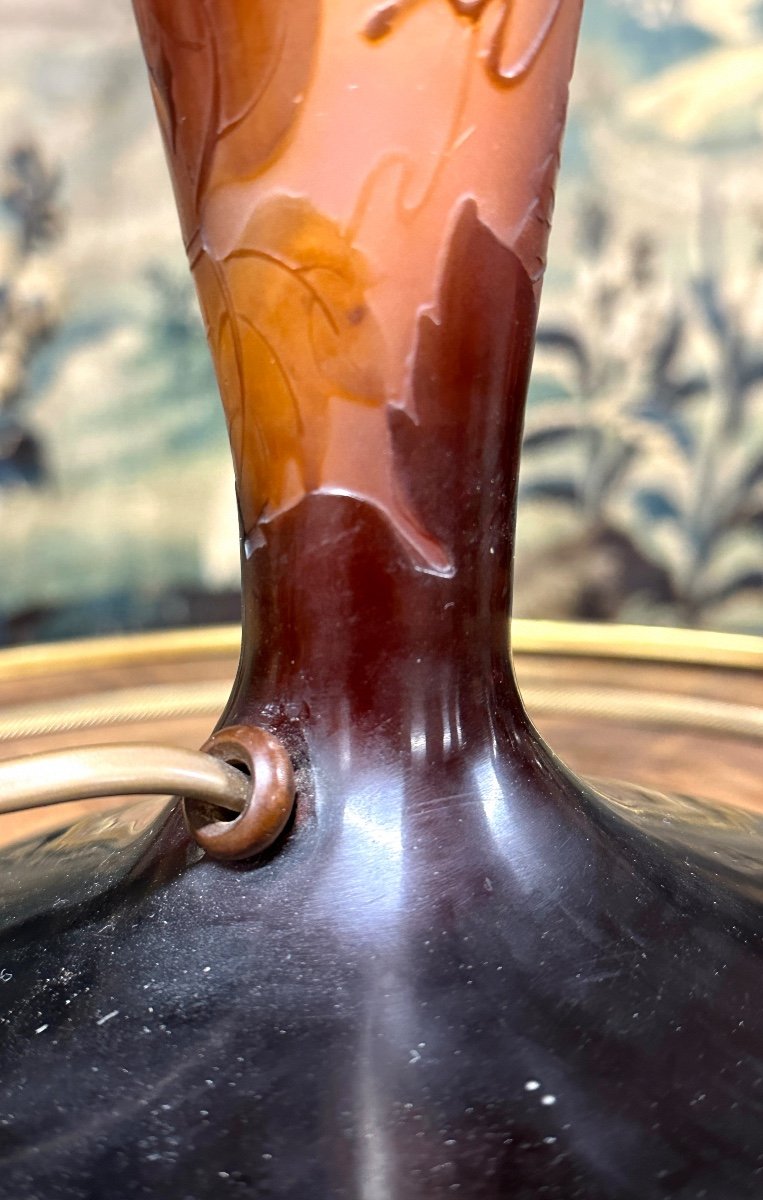 émile Gallé - Large Mushroom Lamp Decorated With Grapes And Vines, Art Nouveau Glass Paste-photo-7