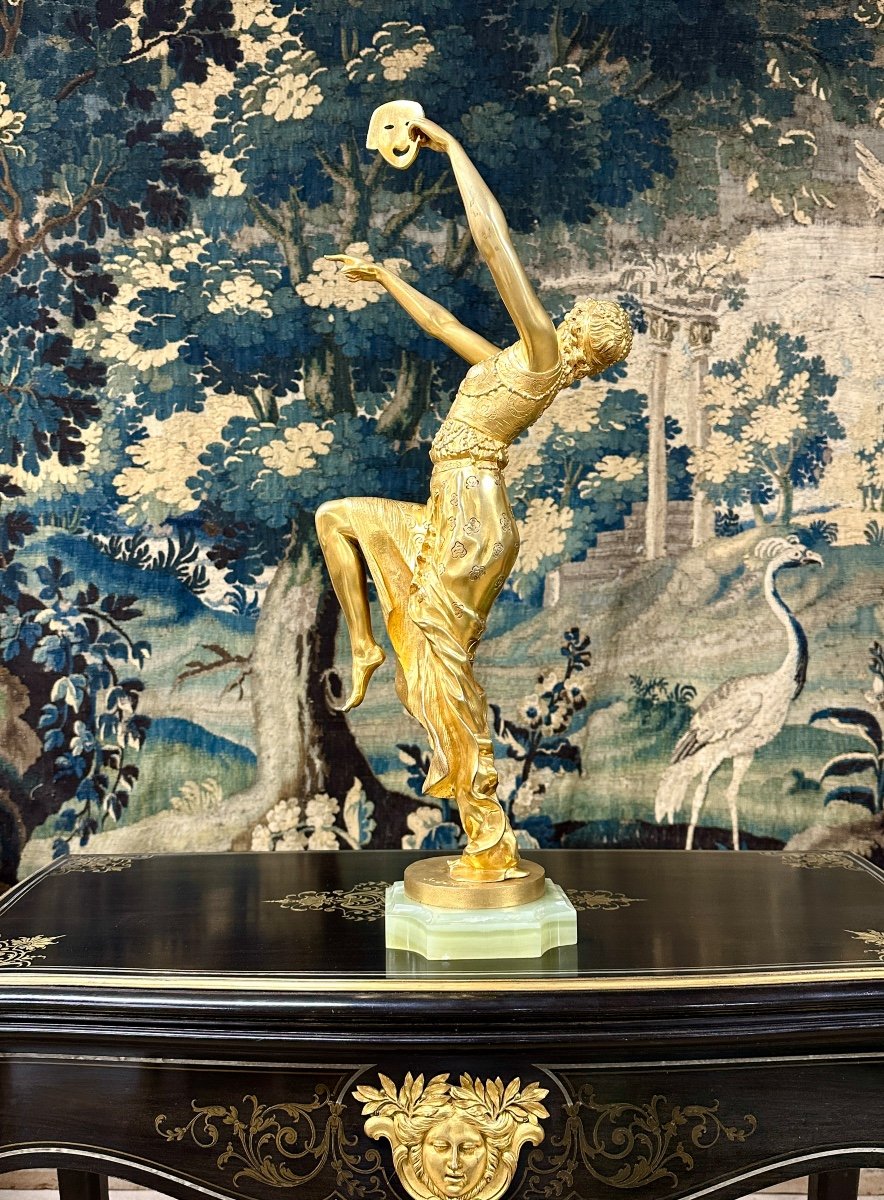 Joe Descomps - Danseuse Au Masque de 64 cm, Sujet En Bronze Doré Art Déco, Vers 1920-photo-5