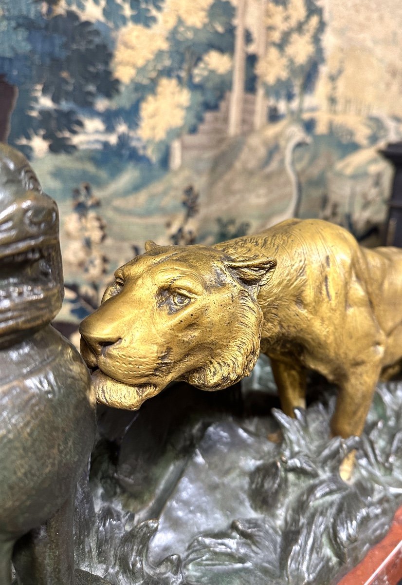 Georges Gardet - "dans Les Ruines" Bronze De Tigre Et Chien De Fô, Fonte Barbedienne. Art Déco-photo-1