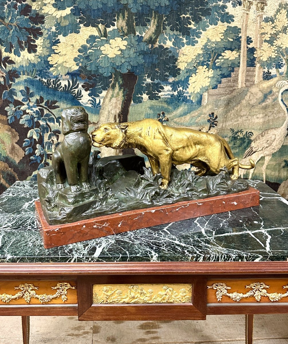 Georges Gardet - "dans Les Ruines" Bronze De Tigre Et Chien De Fô, Fonte Barbedienne. Art Déco-photo-4