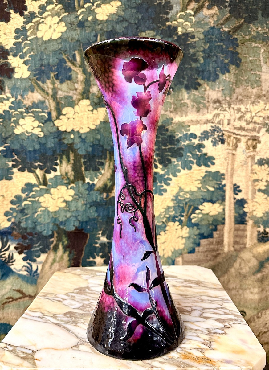 Daum Nancy - Rare Martelé De Forme Diabolo Aux Pois De Senteur. Pâte De Verre Art Nouveau  -photo-2