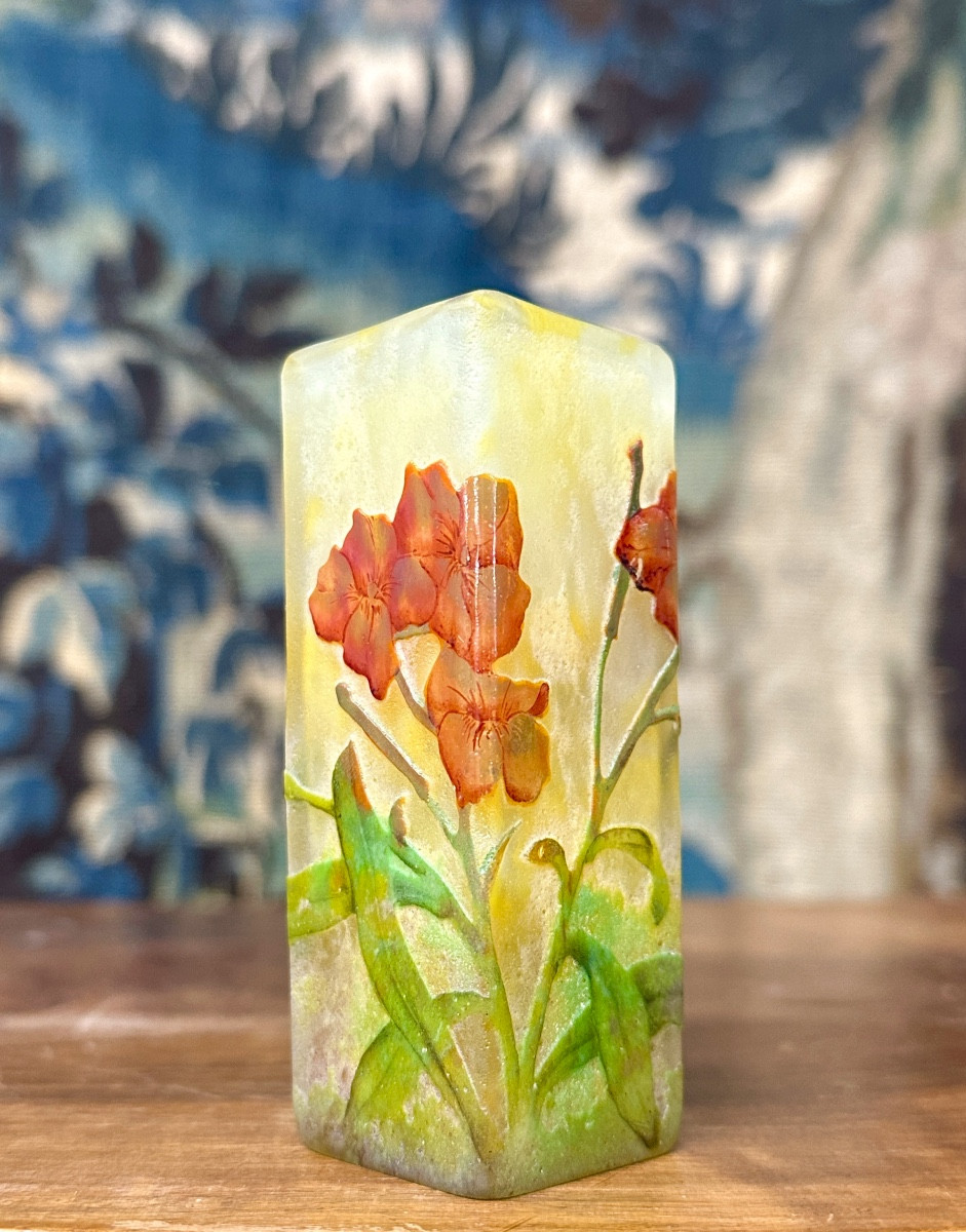 Daum Nancy - Small Square Vase Decorated With Wallflowers In Art Nouveau Pate De Verre