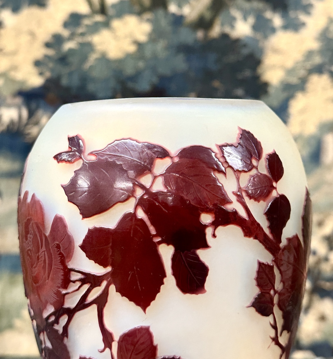 émile Gallé - Flared Vase With Rose Decor, Art Nouveau Glass Paste-photo-8