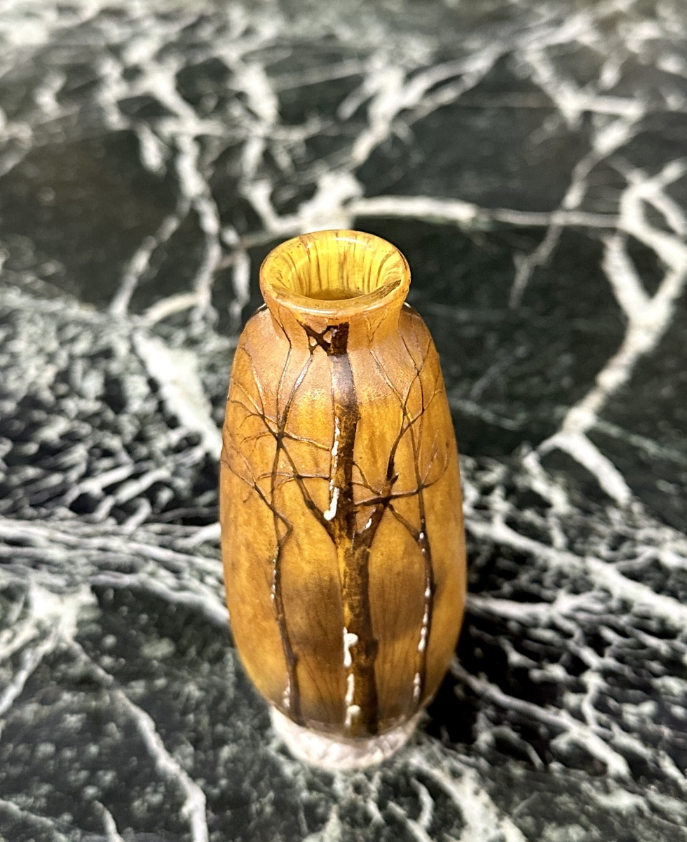 Daum Nancy - Petit Vase à Décor De Paysage Sous La Neige. Pate De Verre Art Nouveau. Forêt-photo-3