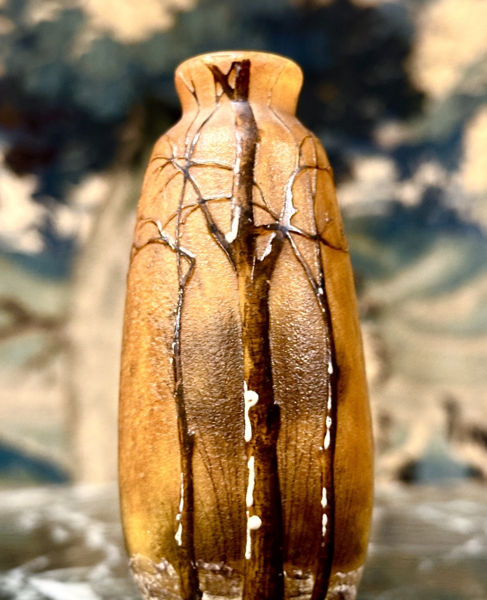 Daum Nancy - Petit Vase à Décor De Paysage Sous La Neige. Pate De Verre Art Nouveau. Forêt-photo-1