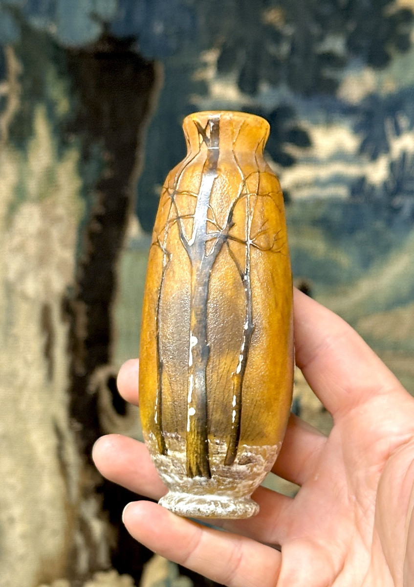 Daum Nancy - Petit Vase à Décor De Paysage Sous La Neige. Pate De Verre Art Nouveau. Forêt-photo-6