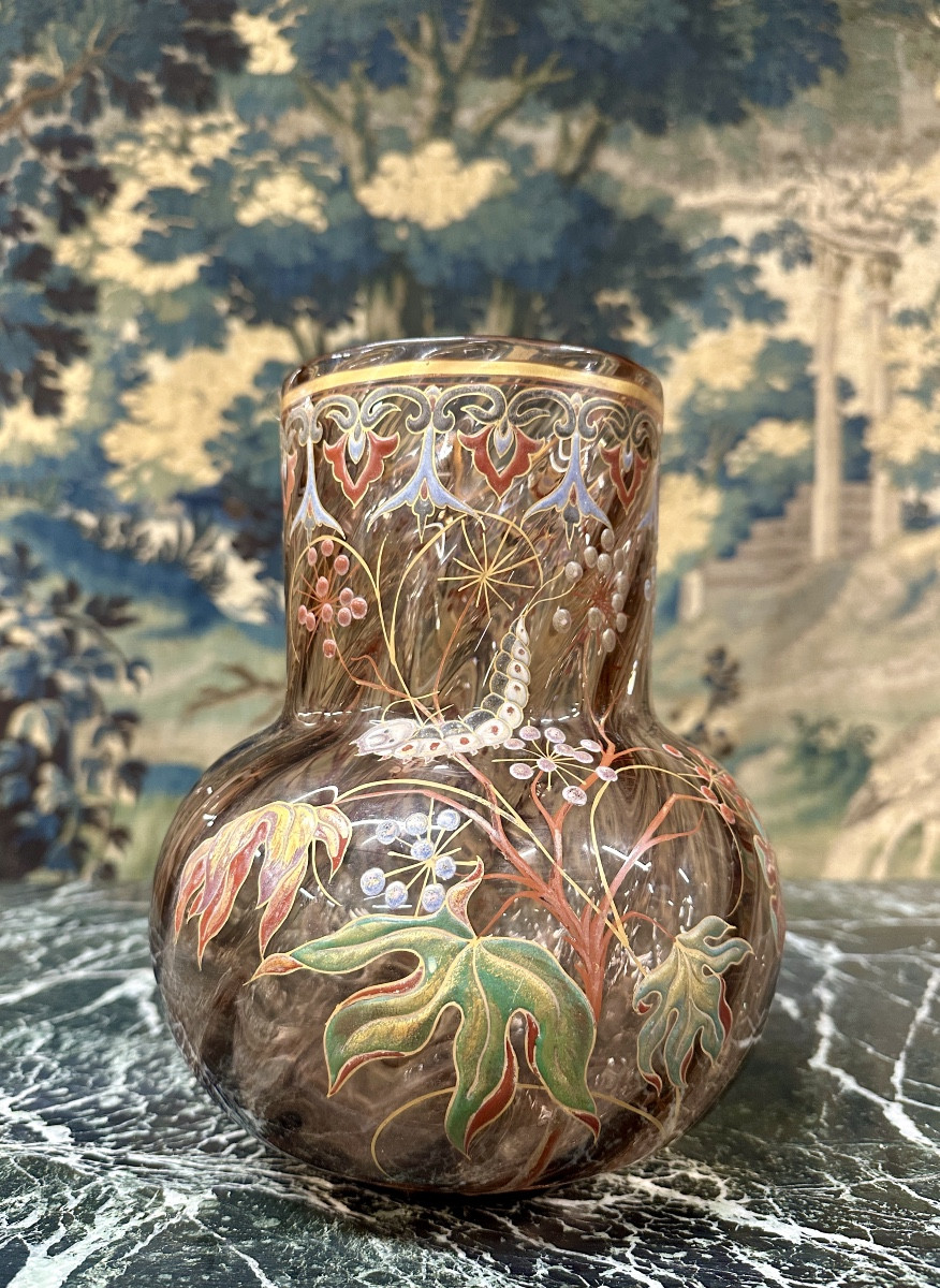 émile Gallé - Rare Enameled Vase With Caterpillar Decoration. Art Nouveau Crystal Glassware-photo-3