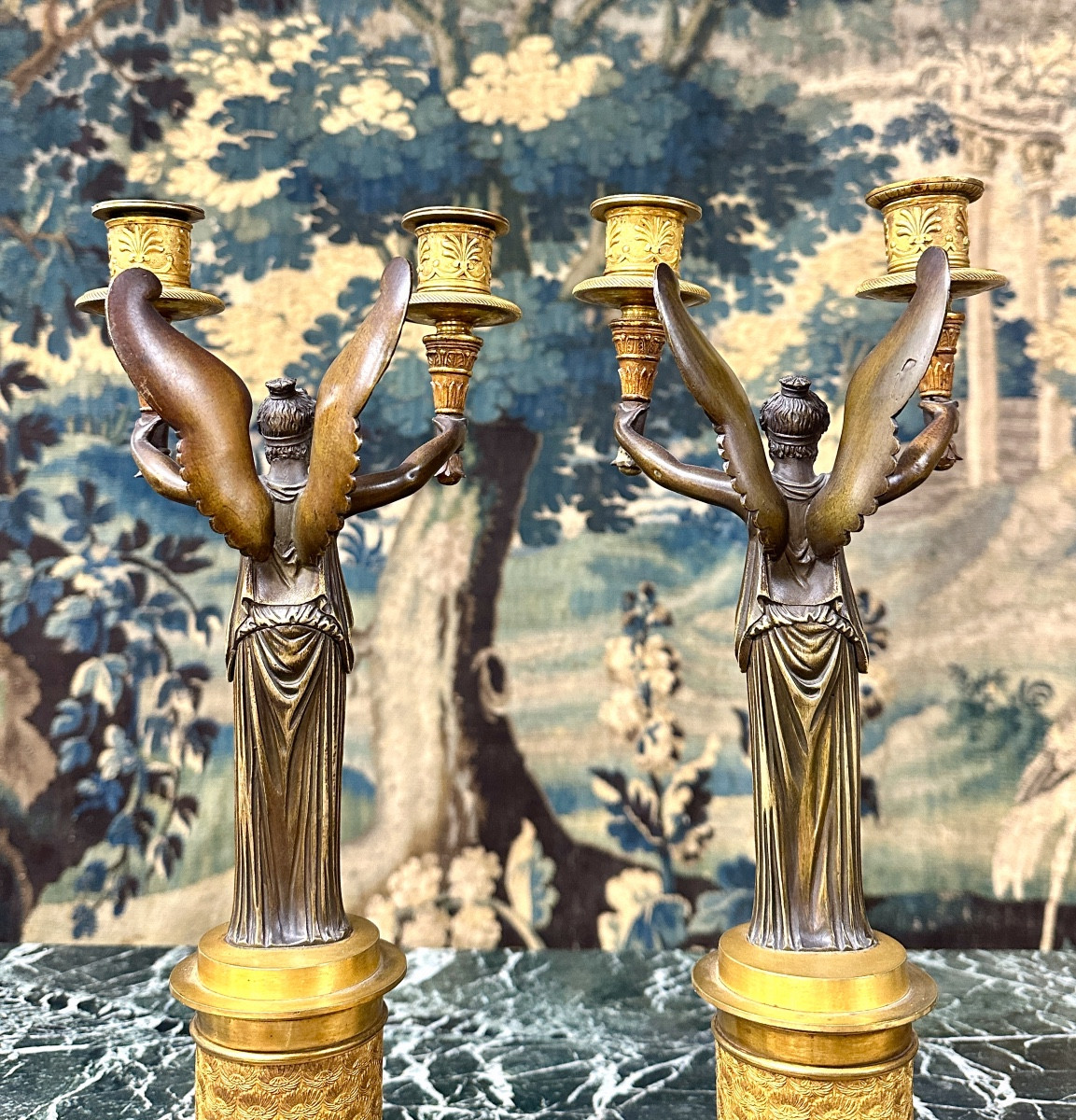 Pair Of Candelabras With Victories Or Winged Women In Gilt Bronze, Empire Period, Napoleon I -photo-4