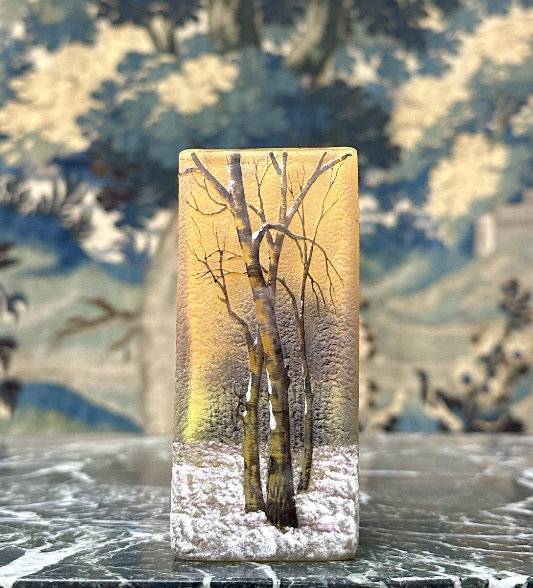 Daum Nancy - Square Vase With Snowy Forest Decor. Art Nouveau Pate De Verre-photo-2