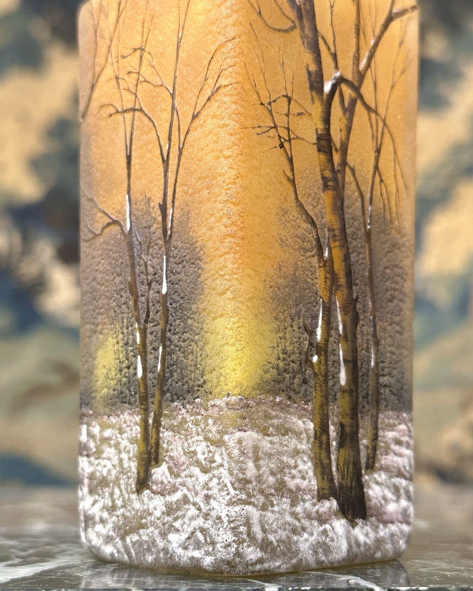 Daum Nancy - Square Vase With Snowy Forest Decor. Art Nouveau Pate De Verre-photo-3