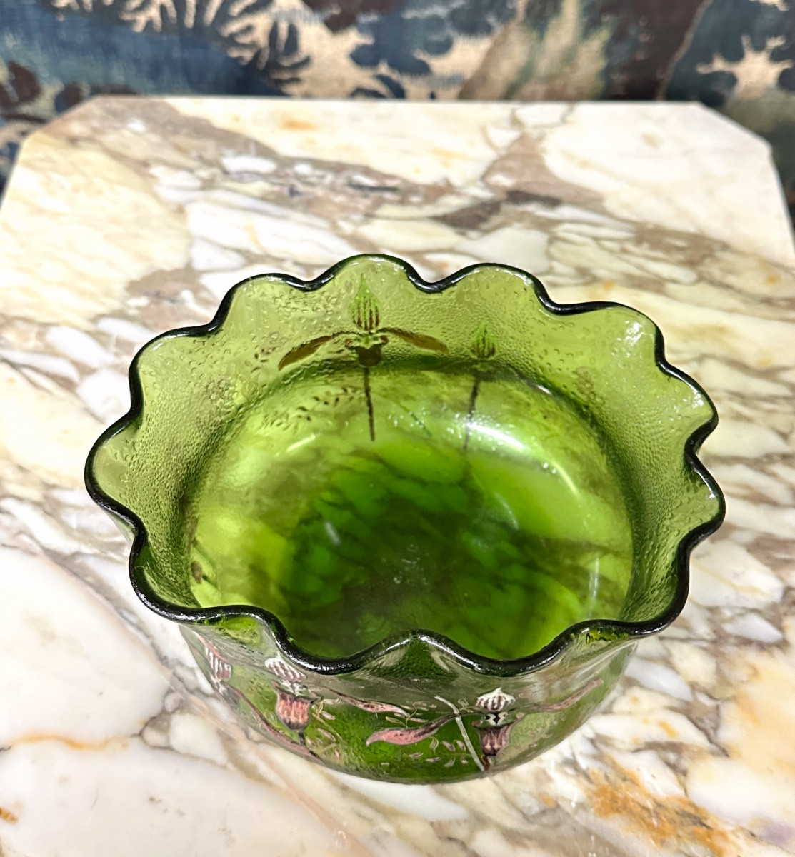 Emile Gallé Crystal, Polylobed Vase With Enameled Decoration Of Orchids And Mushrooms. Art Nouveau-photo-2