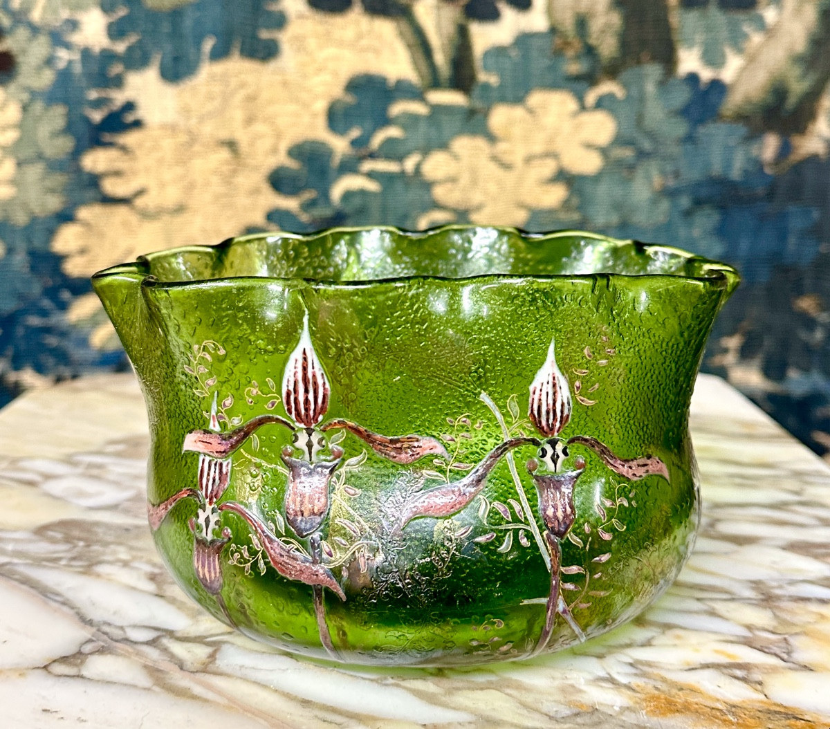 Emile Gallé Crystal, Polylobed Vase With Enameled Decoration Of Orchids And Mushrooms. Art Nouveau