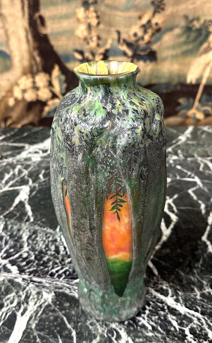 Daum Blown-molded With A Decoration Of Trees In Front Of A Landscape, Art Nouveau Glass Paste-photo-2