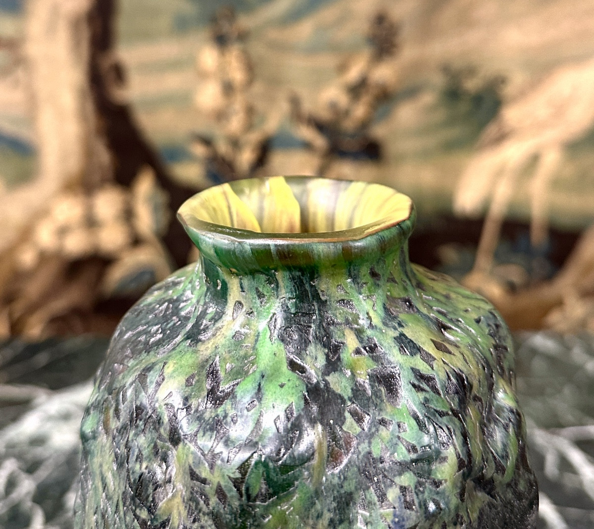 Daum Blown-molded With A Decoration Of Trees In Front Of A Landscape, Art Nouveau Glass Paste-photo-3