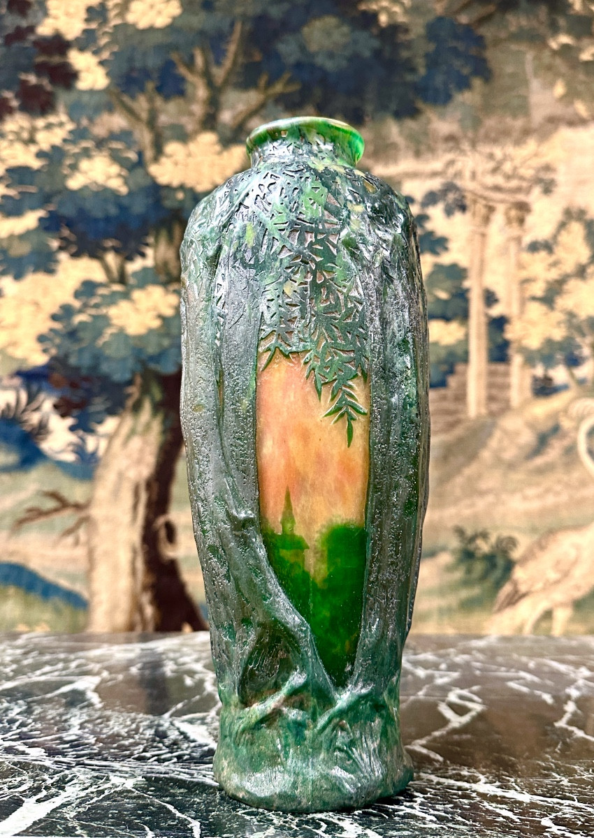 Daum Blown-molded With A Decoration Of Trees In Front Of A Landscape, Art Nouveau Glass Paste