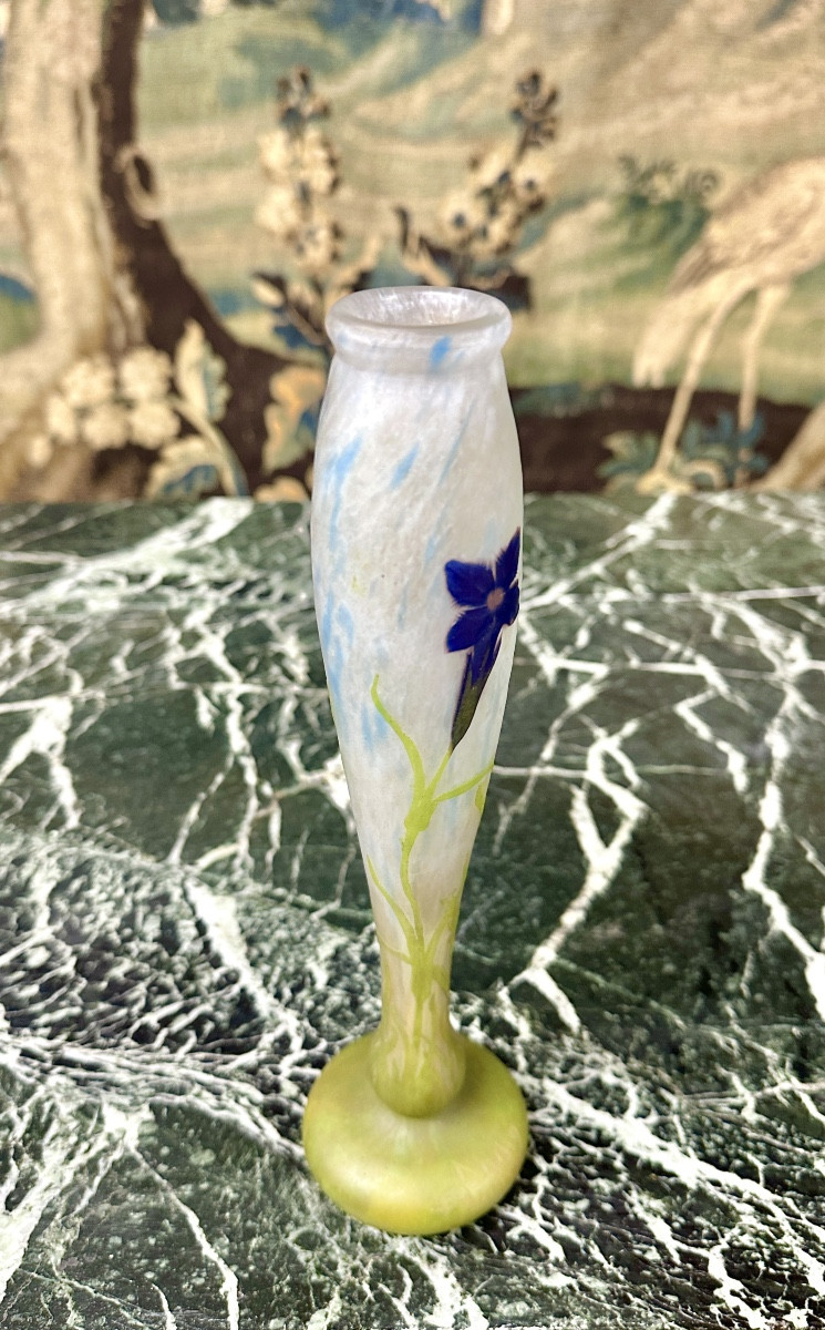 Daum Nancy - Rare Vase With Gentian Decoration In Flush-mounted Slabs. Art Nouveau-photo-4