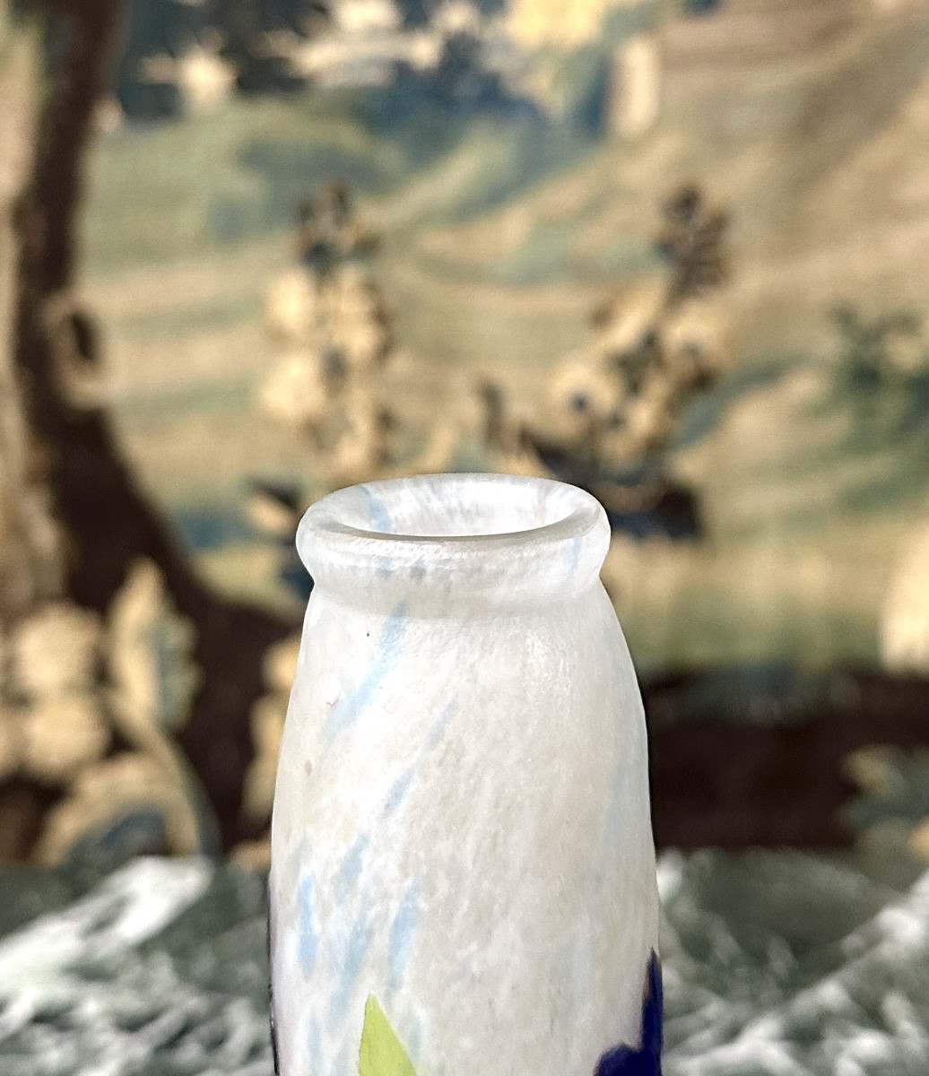 Daum Nancy - Rare Vase With Gentian Decoration In Flush-mounted Slabs. Art Nouveau-photo-6