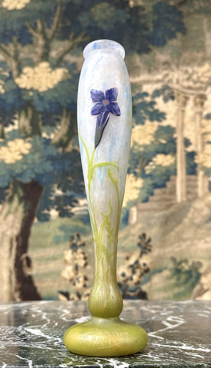 Daum Nancy - Rare Vase With Gentian Decoration In Flush-mounted Slabs. Art Nouveau