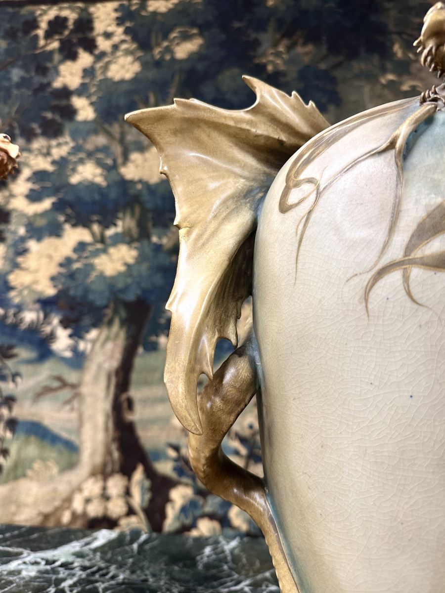 Eduard Stellmacher Pour Amphora, Rare paire de Vases En Céramique Aux Dragons. Art Nouveau-photo-5