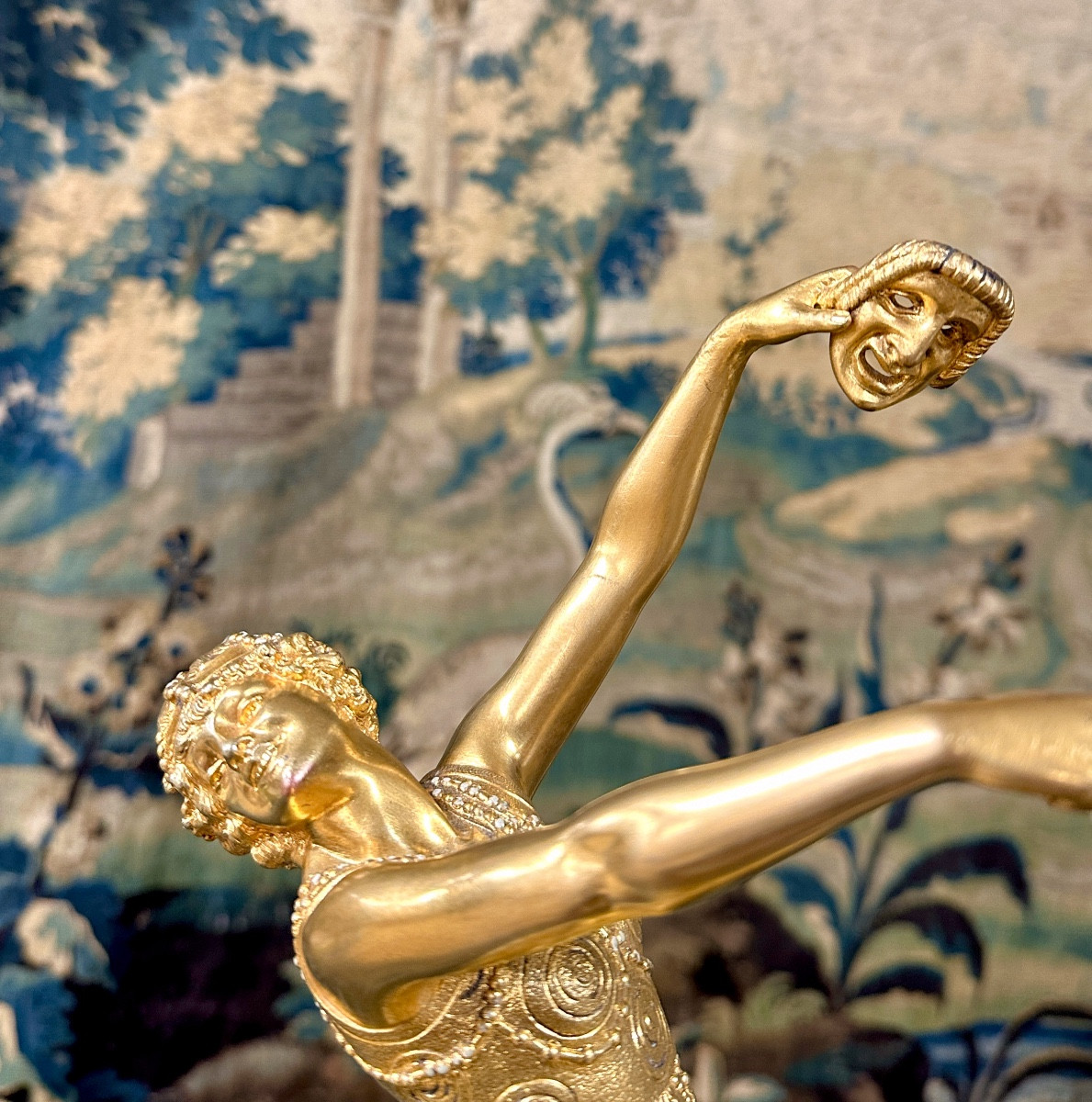 Joe Descomps - Dancer With A 45 Cm Mask, Art Deco Gilt Bronze Subject, Circa 1920-photo-2