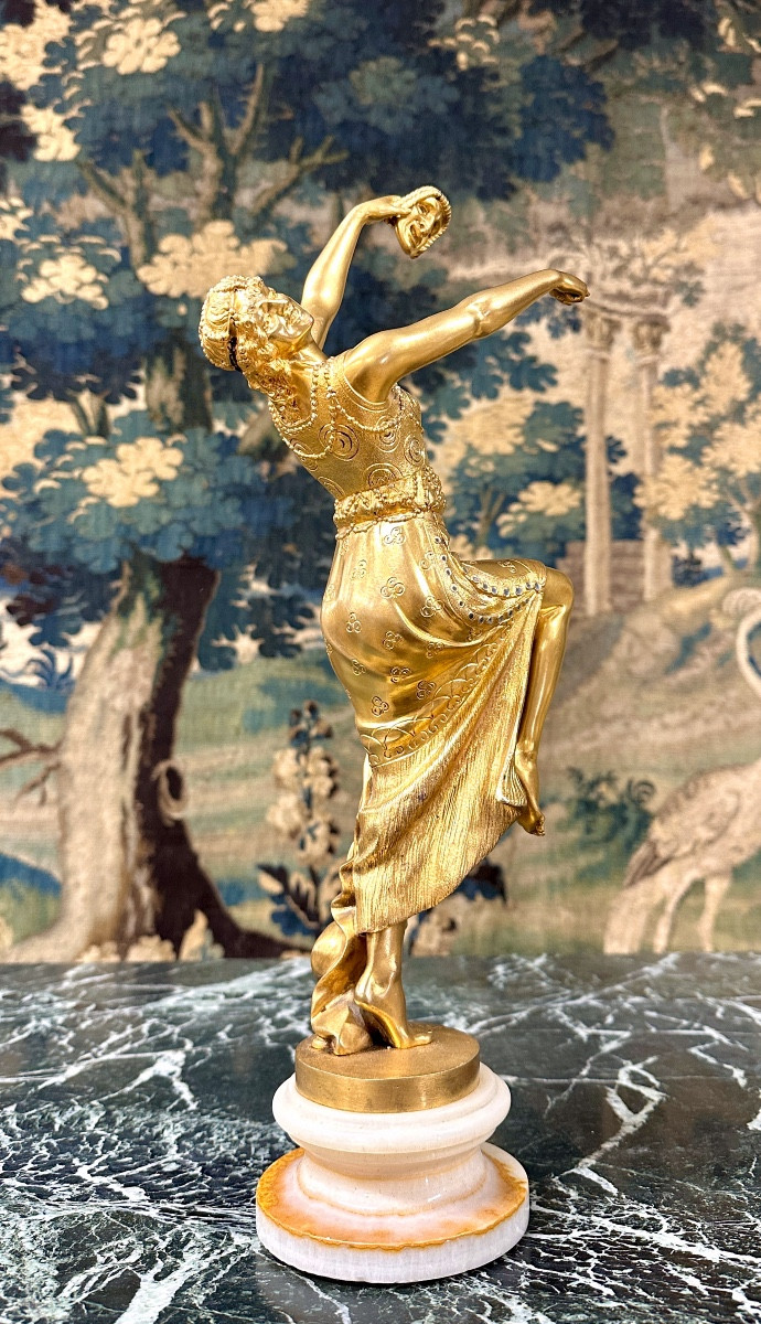 Joe Descomps - Dancer With A 45 Cm Mask, Art Deco Gilt Bronze Subject, Circa 1920-photo-3