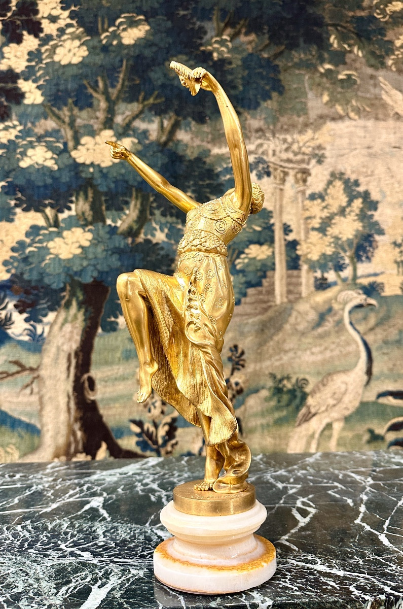 Joe Descomps - Dancer With A 45 Cm Mask, Art Deco Gilt Bronze Subject, Circa 1920-photo-1