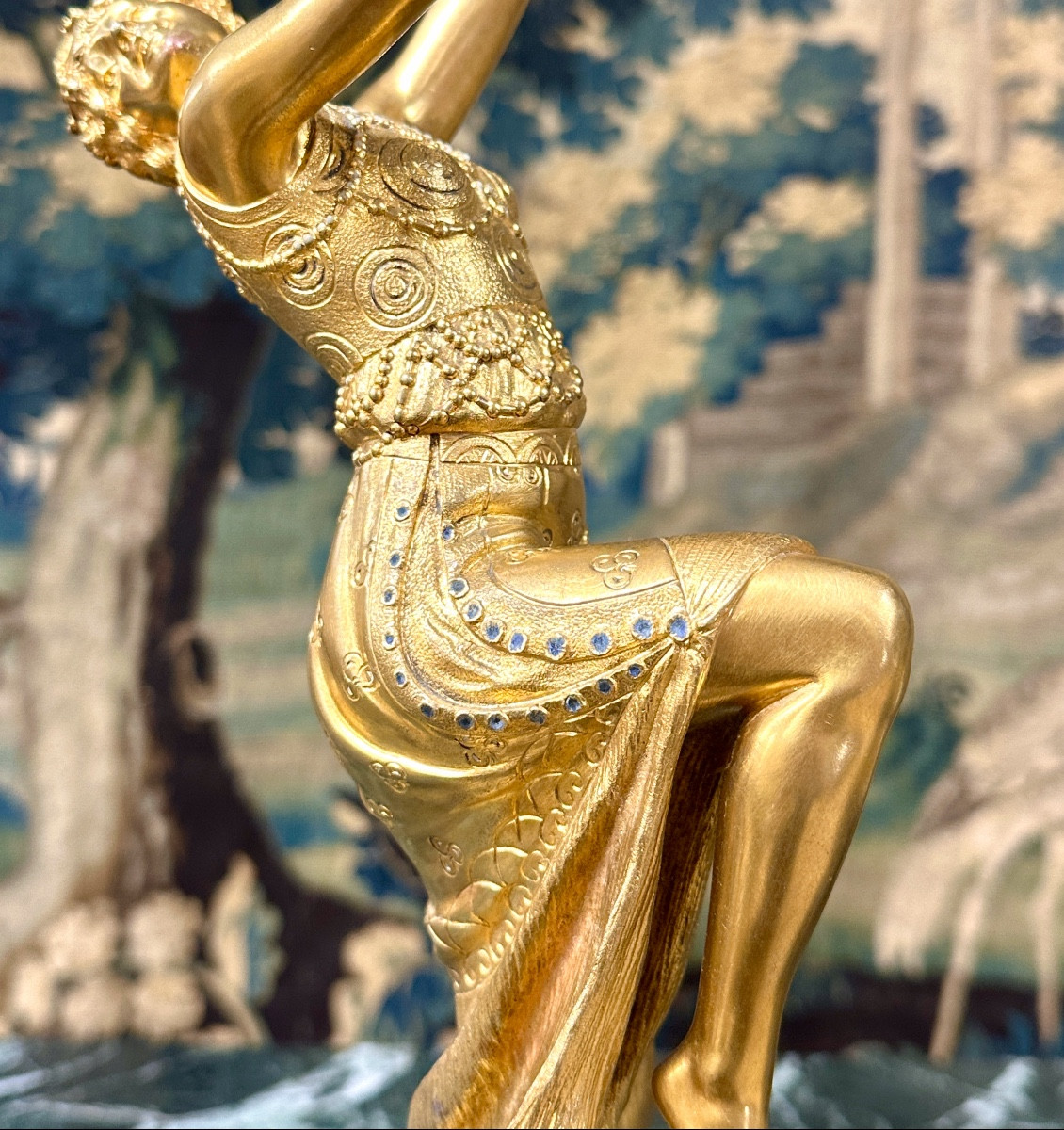 Joe Descomps - Dancer With A 45 Cm Mask, Art Deco Gilt Bronze Subject, Circa 1920-photo-5