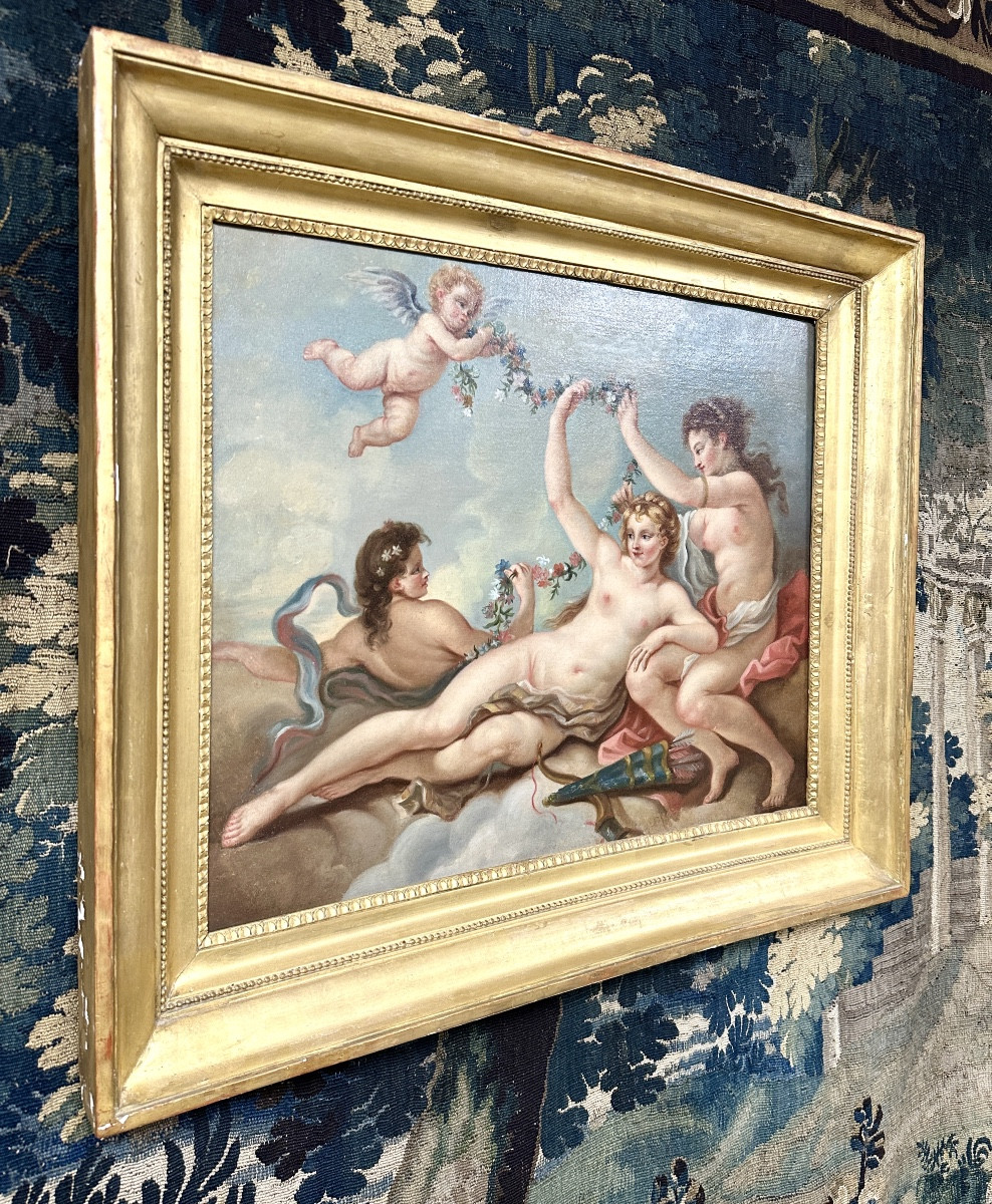 école Française Du XVIIIème Siècle, Nymphe Et Puttis. Huile Sur Toile D’époque Louis XV-photo-2