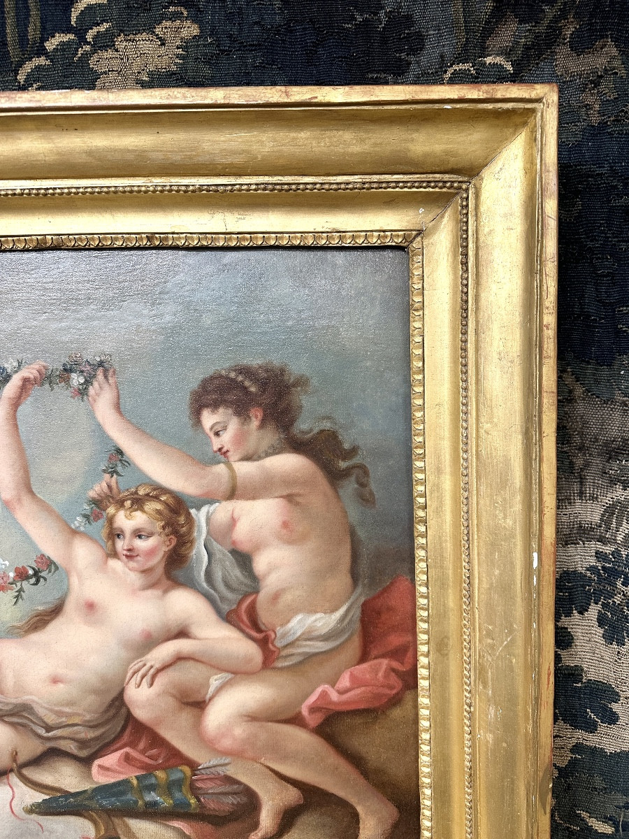école Française Du XVIIIème Siècle, Nymphe Et Puttis. Huile Sur Toile D’époque Louis XV-photo-4
