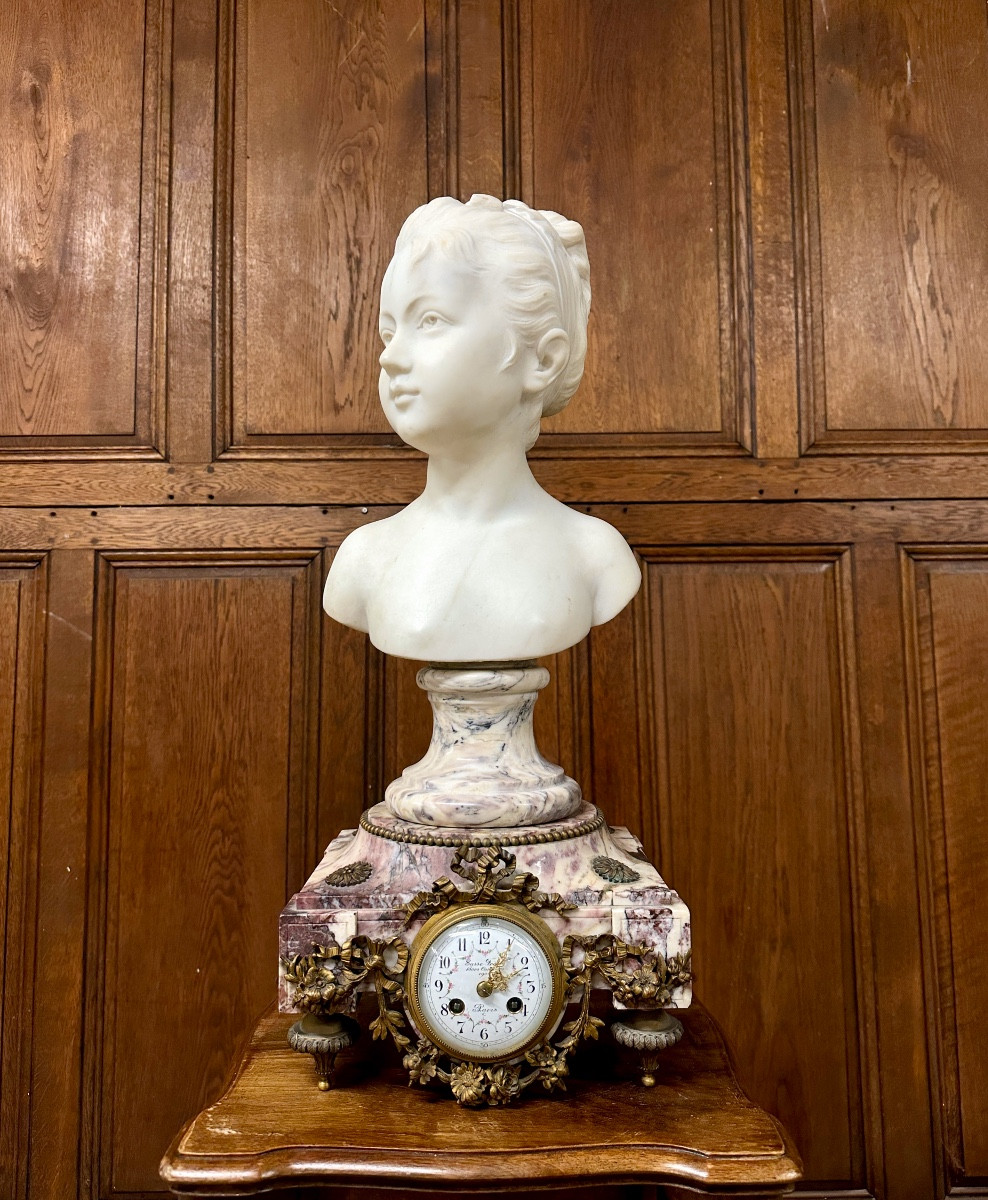 Marble Bust Of A Young Girl After Houdon On Its Susse Frères Pendulum Base. Napoleon III-photo-2