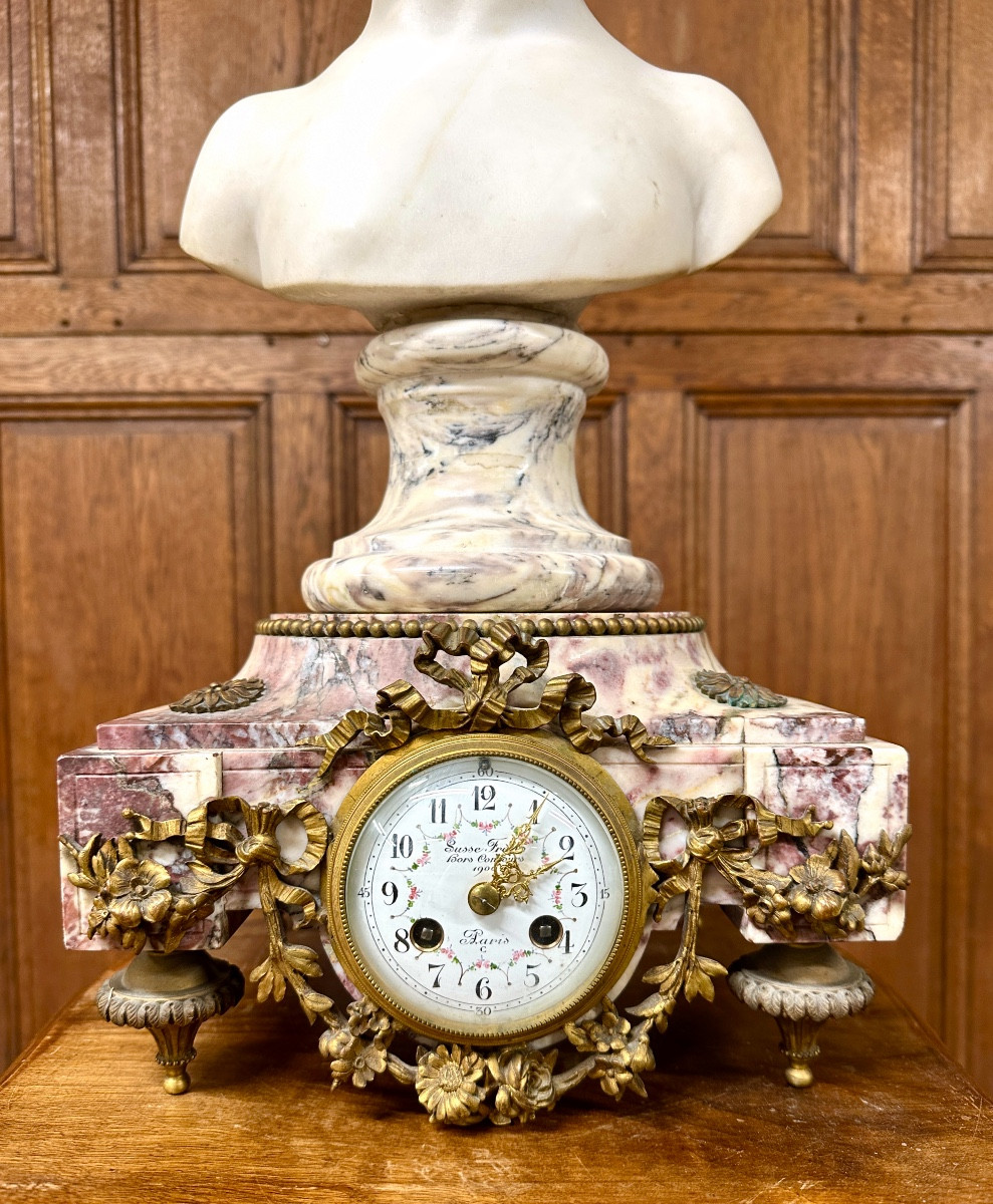 Marble Bust Of A Young Girl After Houdon On Its Susse Frères Pendulum Base. Napoleon III-photo-3