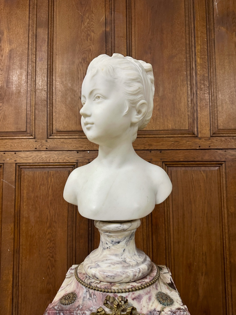 Marble Bust Of A Young Girl After Houdon On Its Susse Frères Pendulum Base. Napoleon III-photo-4