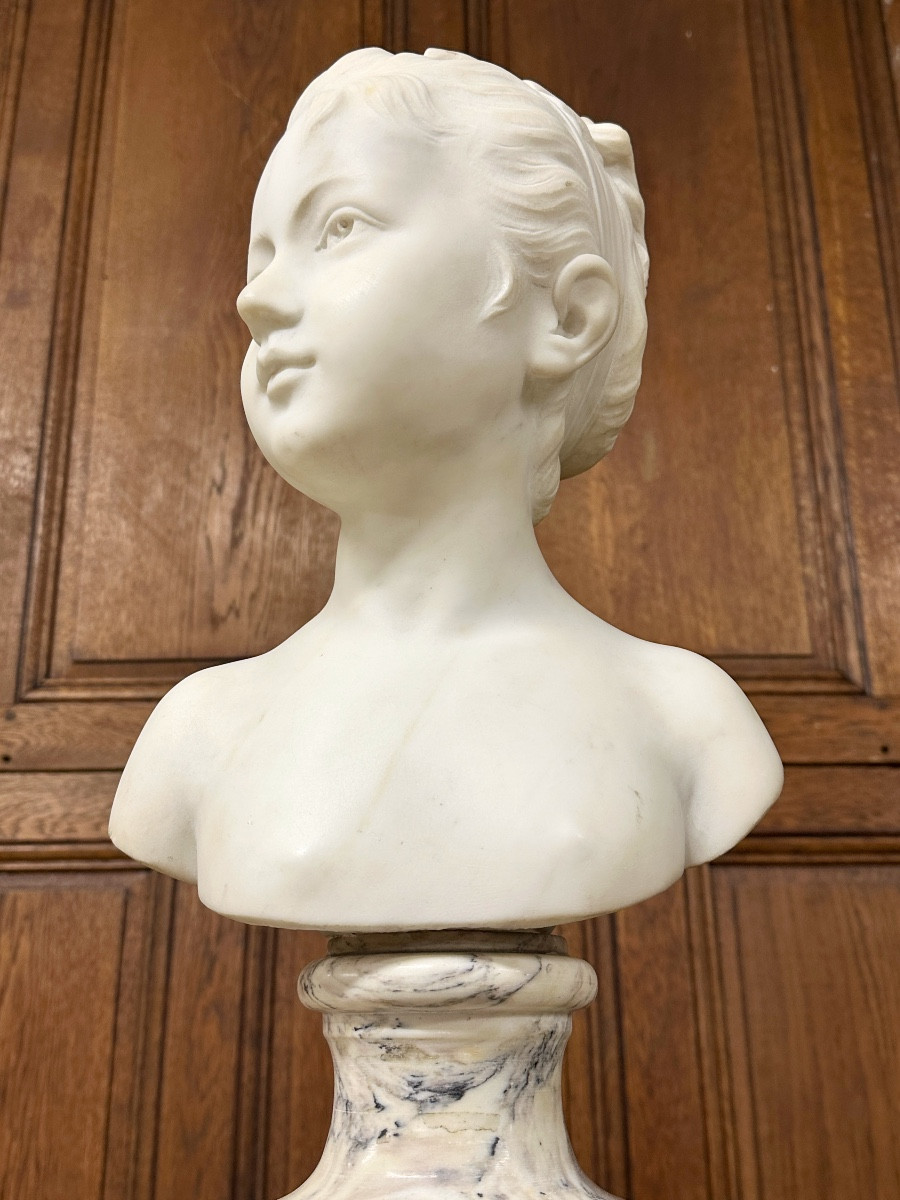 Marble Bust Of A Young Girl After Houdon On Its Susse Frères Pendulum Base. Napoleon III-photo-6