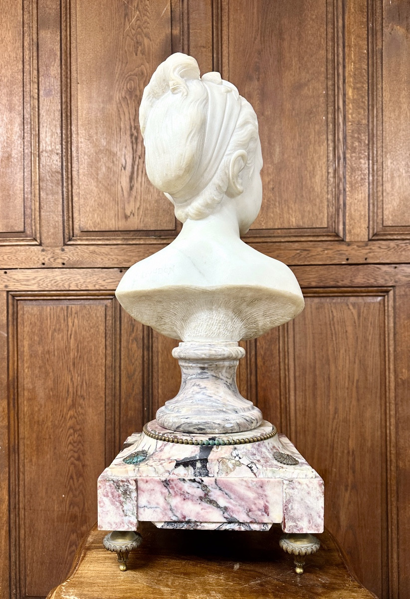 Marble Bust Of A Young Girl After Houdon On Its Susse Frères Pendulum Base. Napoleon III-photo-7
