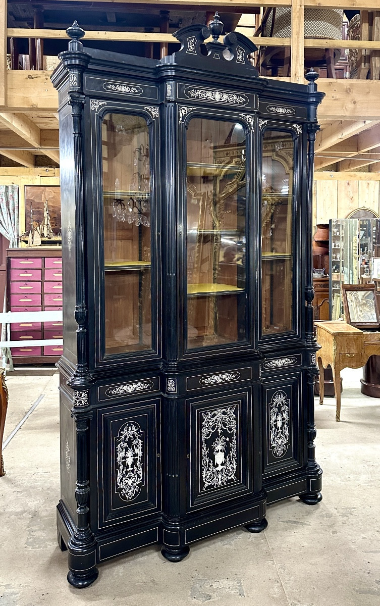 Important Two-section Bookcase, 2.80m High, In Ivory And Ebony Marquetry. Napoleon III Period-photo-2