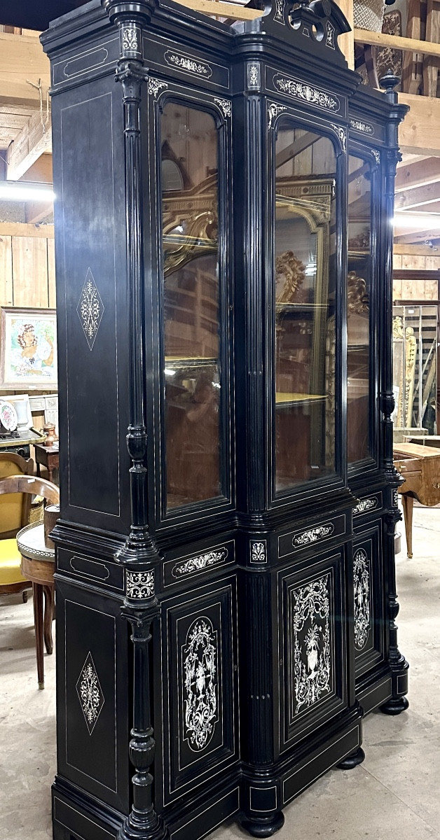 Important Two-section Bookcase, 2.80m High, In Ivory And Ebony Marquetry. Napoleon III Period-photo-3
