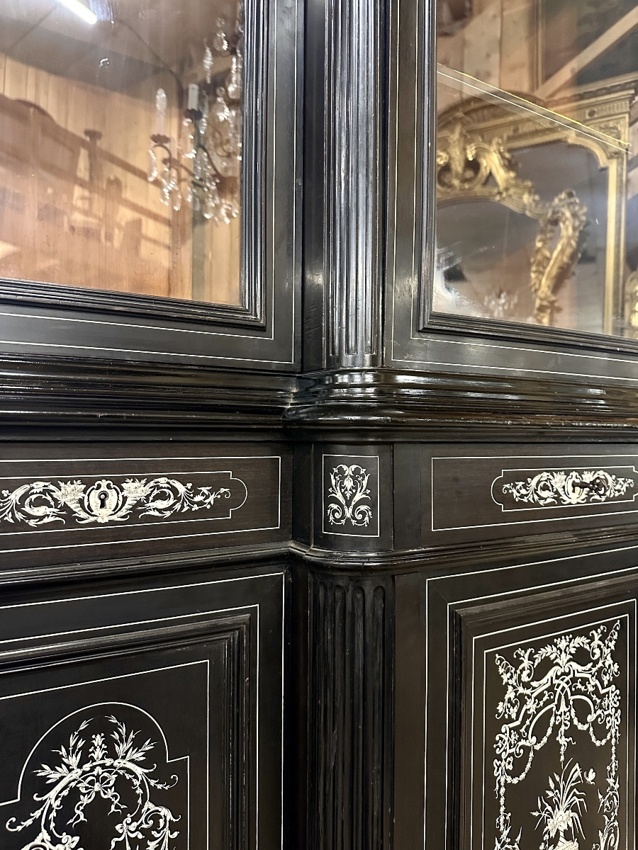 Important Two-section Bookcase, 2.80m High, In Ivory And Ebony Marquetry. Napoleon III Period-photo-5