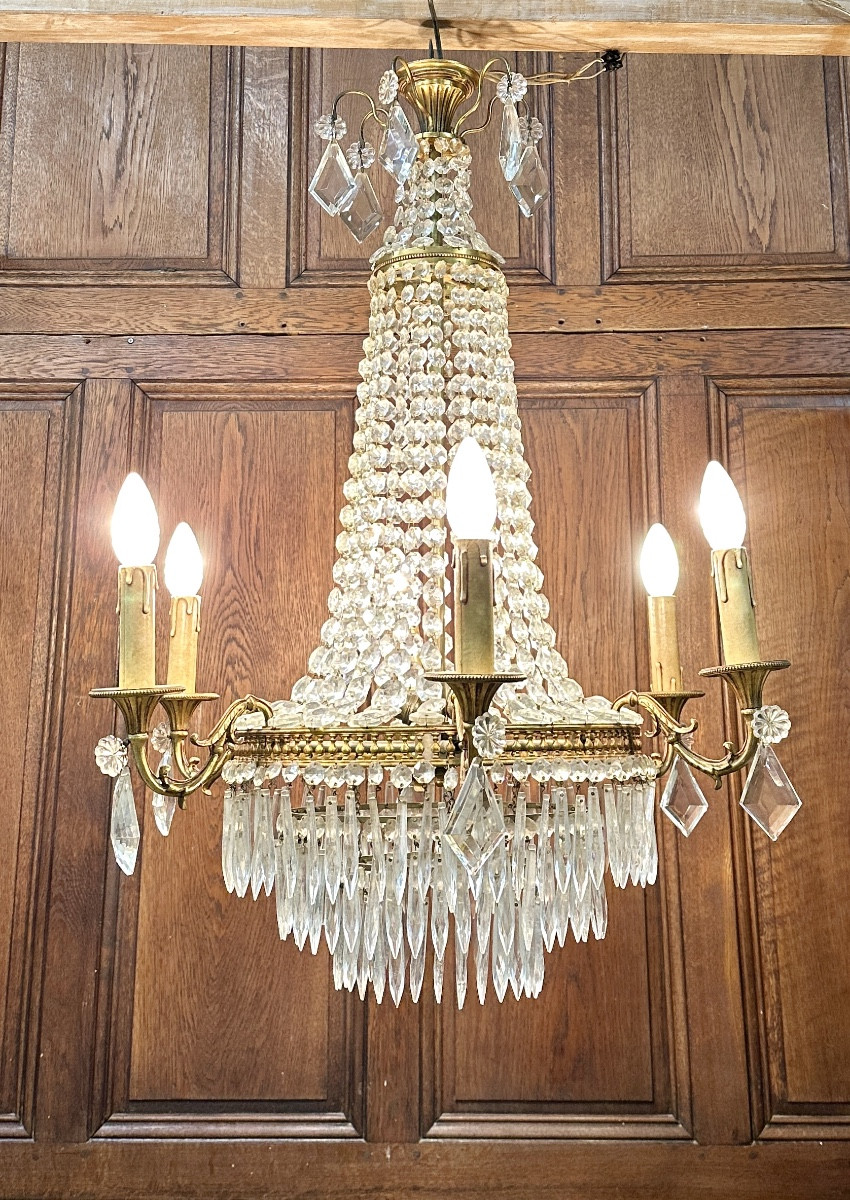 Lustre à pampilles de forme montgolfière, style Louis XVI -photo-2
