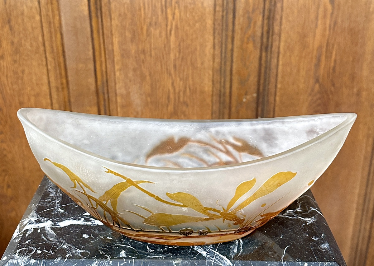 émile Gallé - Large Bowl Decorated With A Dragonfly And Water Lilies, Art Nouveau Glass Paste-photo-3