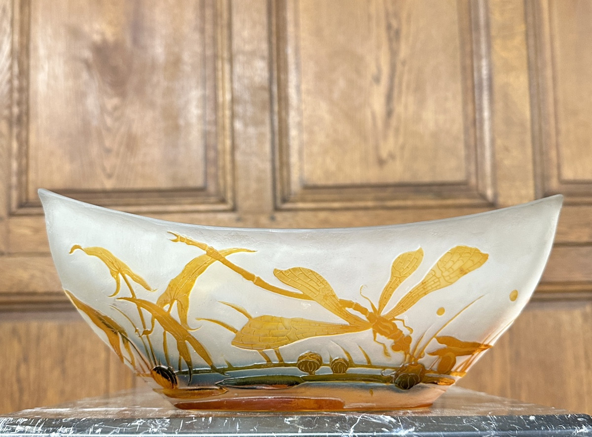 émile Gallé - Large Bowl Decorated With A Dragonfly And Water Lilies, Art Nouveau Glass Paste